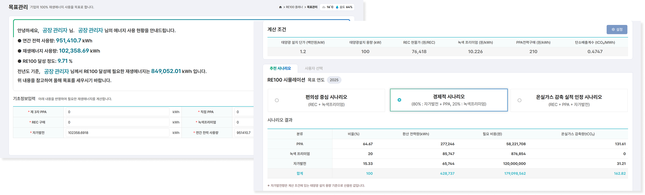 RE100 플래너 목표관리, 추천 시나리오 제공 페이지 화면